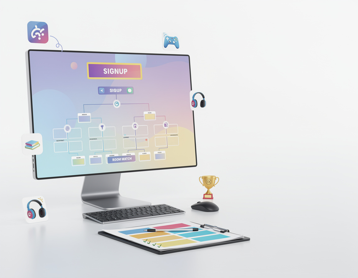 Ilustrasi cara daftar turnamen game online war168 untuk turnamen game online war168 dengan bracket, room match, dan catatan admin